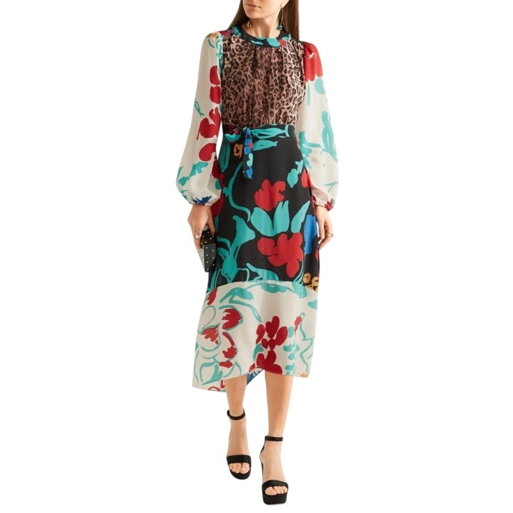 Rixo Penelope Multicolor Silk Leopard Print Flower Long Sleeve A-line Dress S